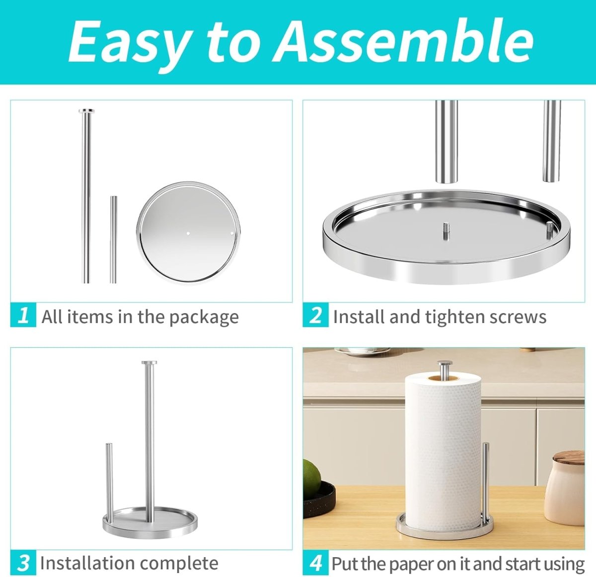Paper Towel Holder Countertop, Standing Paper Roll Holder with Anti Slip Weighted Base, Stainless Steel Freestanding Paper Towel Holder for Kitchen, Black - Homesidy.com