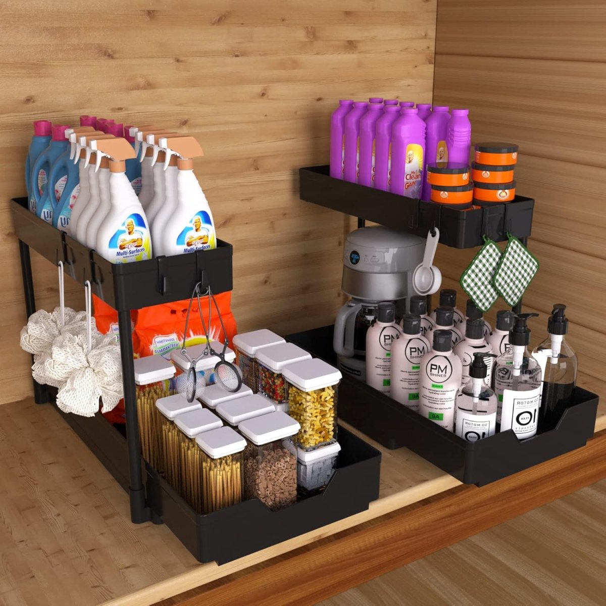 2 Pack Under Sink Organizer 2 Tier Sliding Cabinet Organizers Multi - Purpose Sink Storage Basket L - Shape Narrow Space Storage Shelves with 4 Hook for Kitchen Bathroom Drawer, Black - Homesidy.com