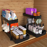 2 Pack Under Sink Organizer 2 Tier Sliding Cabinet Organizers Multi - Purpose Sink Storage Basket L - Shape Narrow Space Storage Shelves with 4 Hook for Kitchen Bathroom Drawer, Black - Homesidy.com