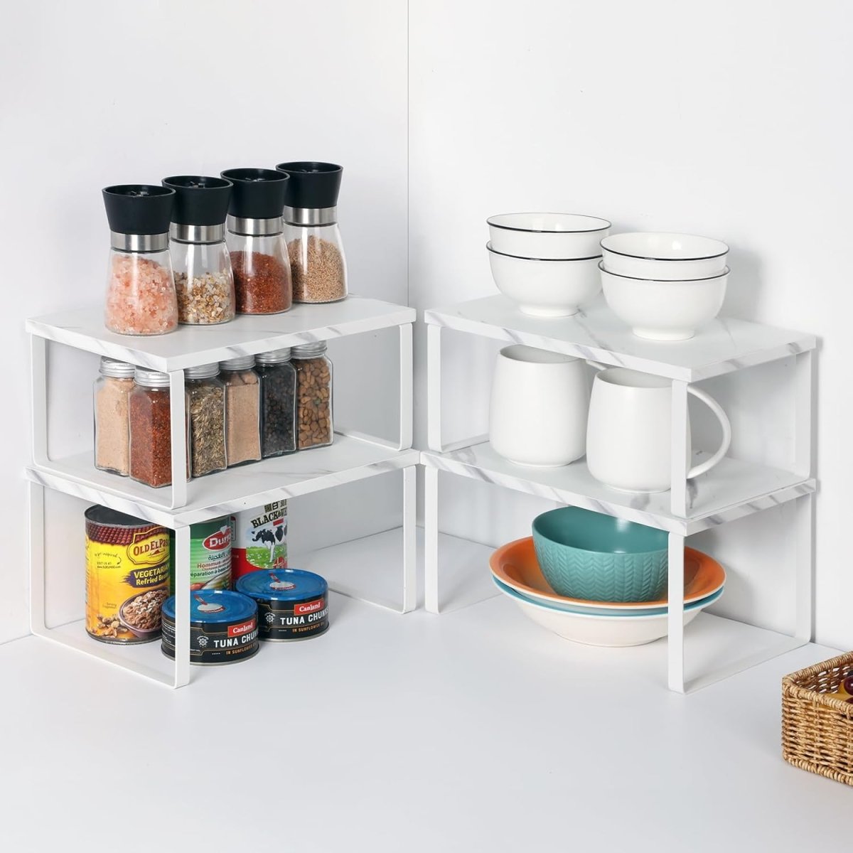 NEX Bamboo Kitchen Cabinet and Counter Shelf Organizer, Stackable &amp; Expandable, Set of 4, White and Natural - Homesidy.com