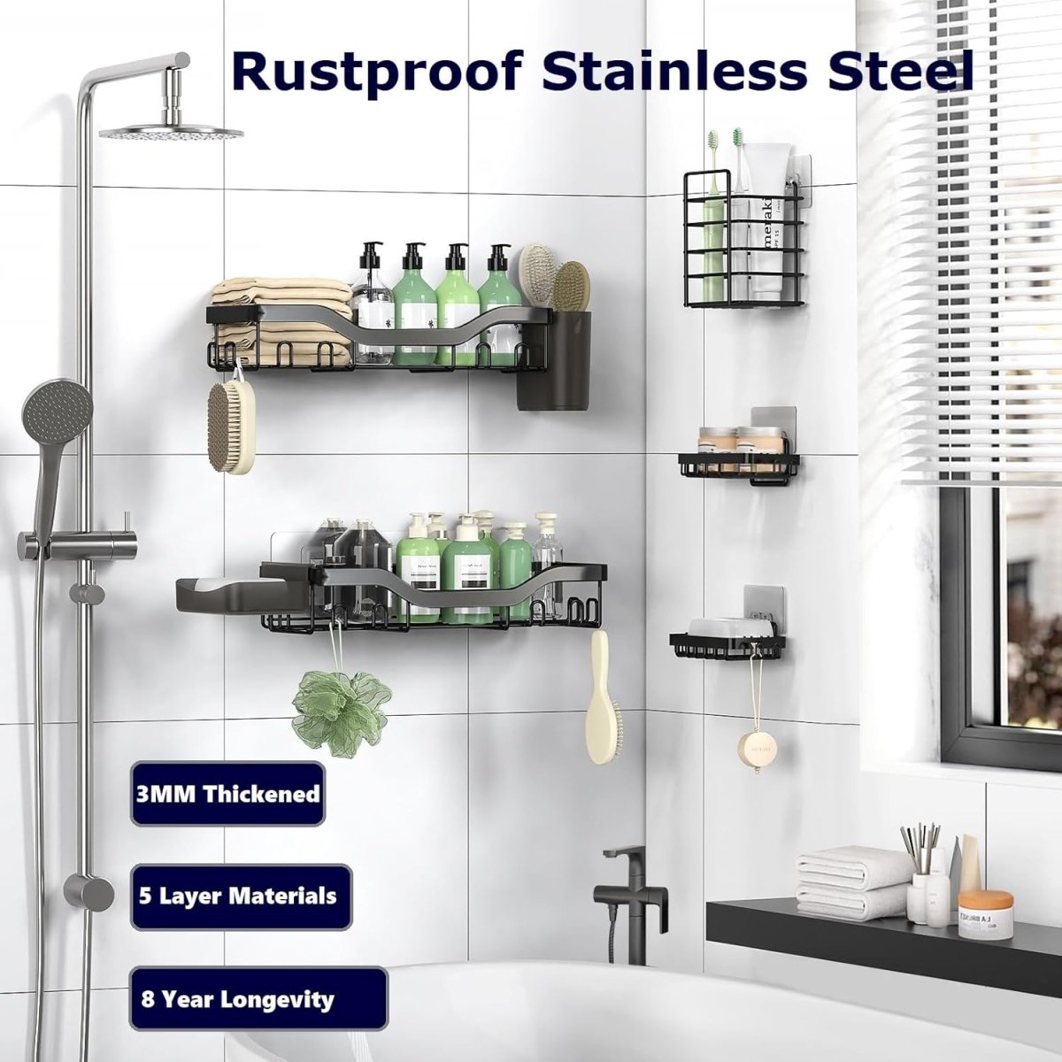 NESOMI Shower Caddy Adhesive Shower Organizer 7 - Pack, Rustproof Stainless Steel Bathroom Shelves, Large Capacity No - Drill Rack Storage Accessories with Soap Dish Toothbrush Holder &amp;24 Hooks Home Decor - Homesidy.com