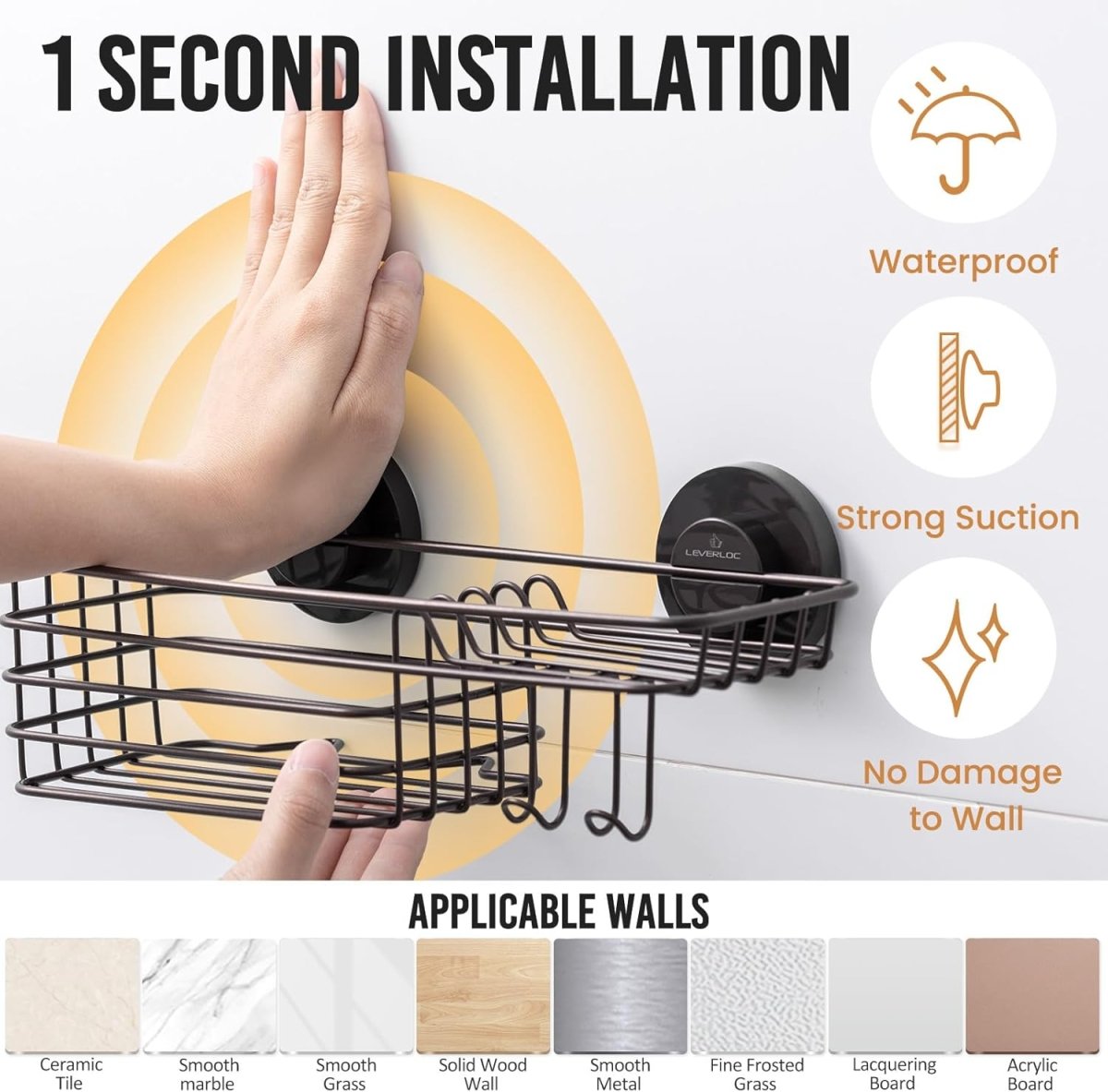 LEVERLOC Shower Caddy Suction Cup, 2 Pack Shower Shelves for Inside Shower with Hooks &amp; Soap Holder, NO - Drilling Bathroom Shower Organizer, Rustproof Meatl Shower Holder Storage, Black - Homesidy.com
