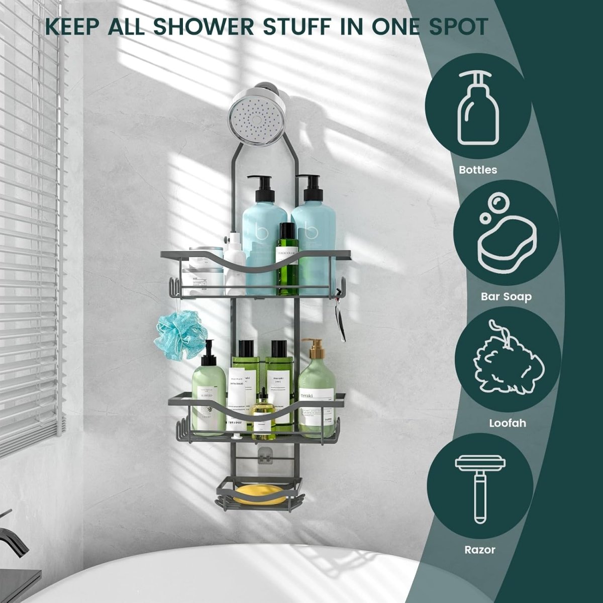 Shower Caddy Hanging Adjustable Shower Caddy, Rustproof Shower Organizer Extended Length Shower Caddy Over Shower Head with Hooks Soap Holder, Large Capacity Anti - Swing Bathroom Organizer, Black - Homesidy.com