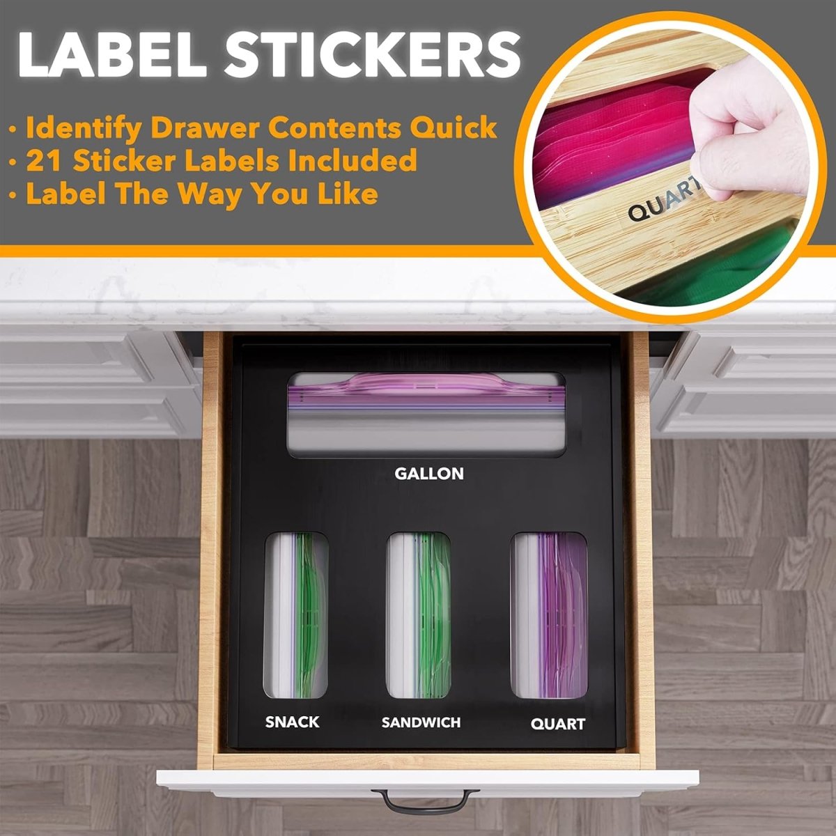 SpaceAid Bag Storage Organizer for Kitchen Drawer, Bamboo Organizer, Compatible with Gallon, Quart, Sandwich and Snack Variety Size Bag (1 Box 4 Slots) - Homesidy.com