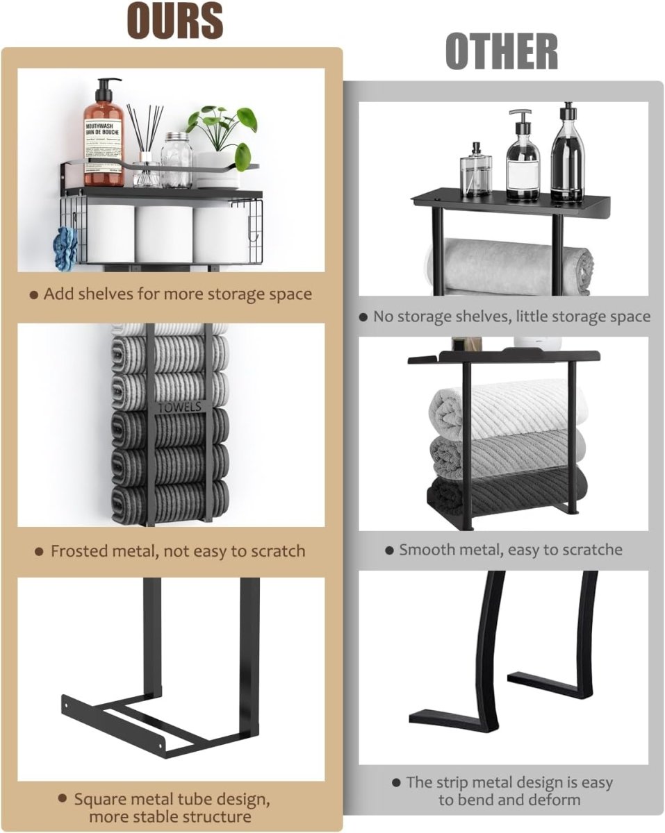 Aetyord Towel Racks for Bathroom 31inch Wall Mounted Towel Rack,Floating Shelf with Wood Plank,Towel Storage for Bathroom can Holds 6 Large Rolled Towels,All Black - Homesidy.com