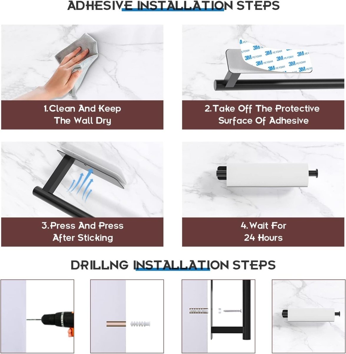 ASTOFLI Paper Towel Holder Under Cabinet No Drilling, Self Adhesive Paper Towel Holder Wall Mount for Kitchen Rack, Under Counter Napin Holder No Drill, 304 Stainless Steel Matte Black - Homesidy.com