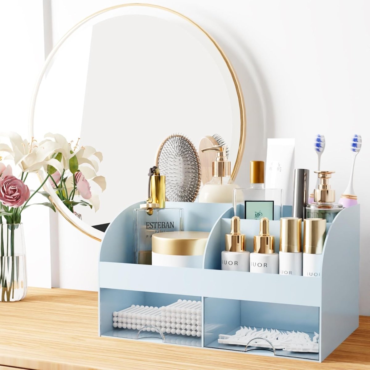 Makeup Organizer with Drawers, Cosmetic Storage for Dresser Vanity and Bathroom Countertop, Beauty Holder for Lipstick Brush, Skincare Organizer for Vanity, Cosmetic Display Case (White) - Homesidy.com