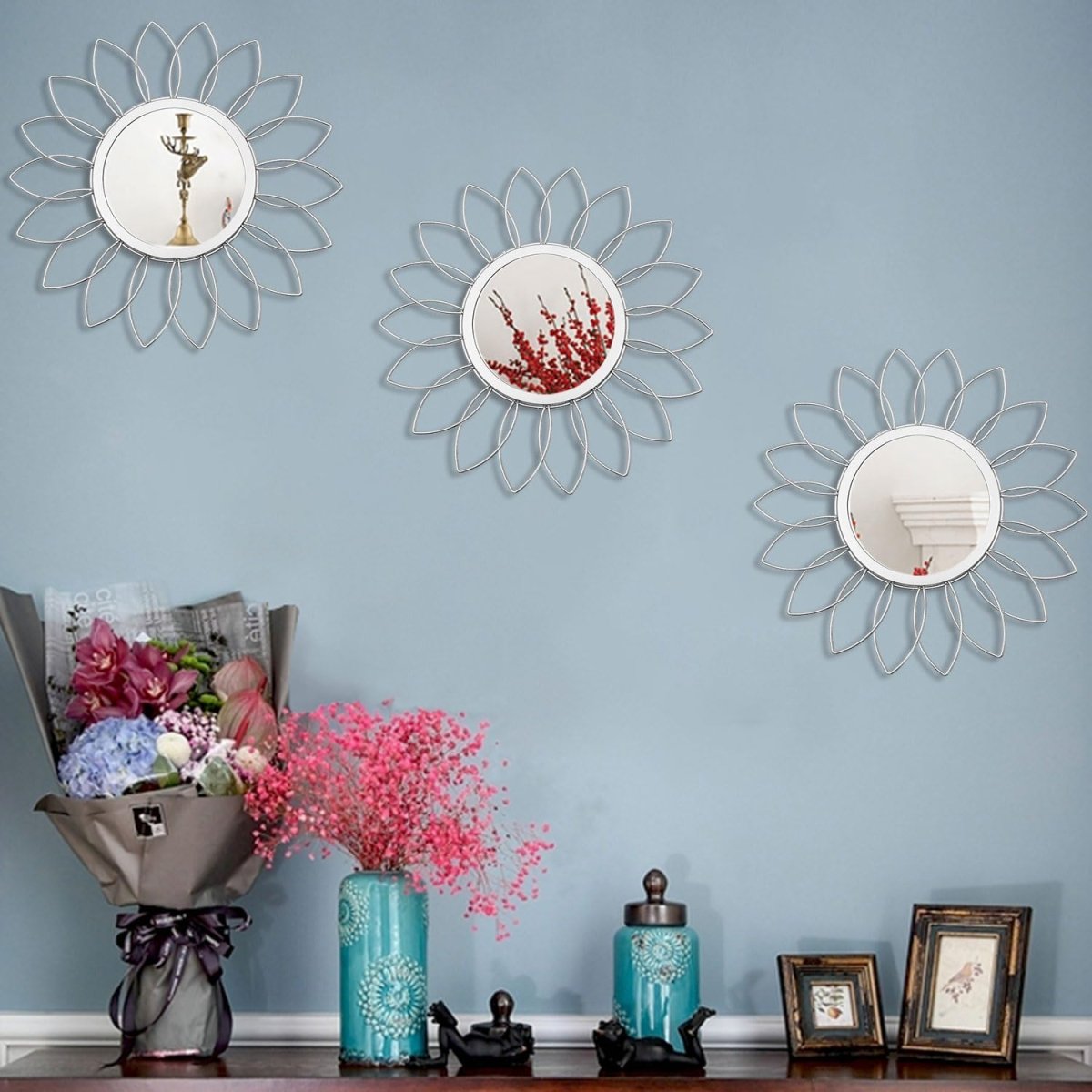 3 Pack Metal Mirrors for Wall Sunburst Wall Mirrors Home Décor Decorative Hanging Wall Art for Living Room Bedroom Entryway (Gold, Flower Sunburst) - Homesidy.com