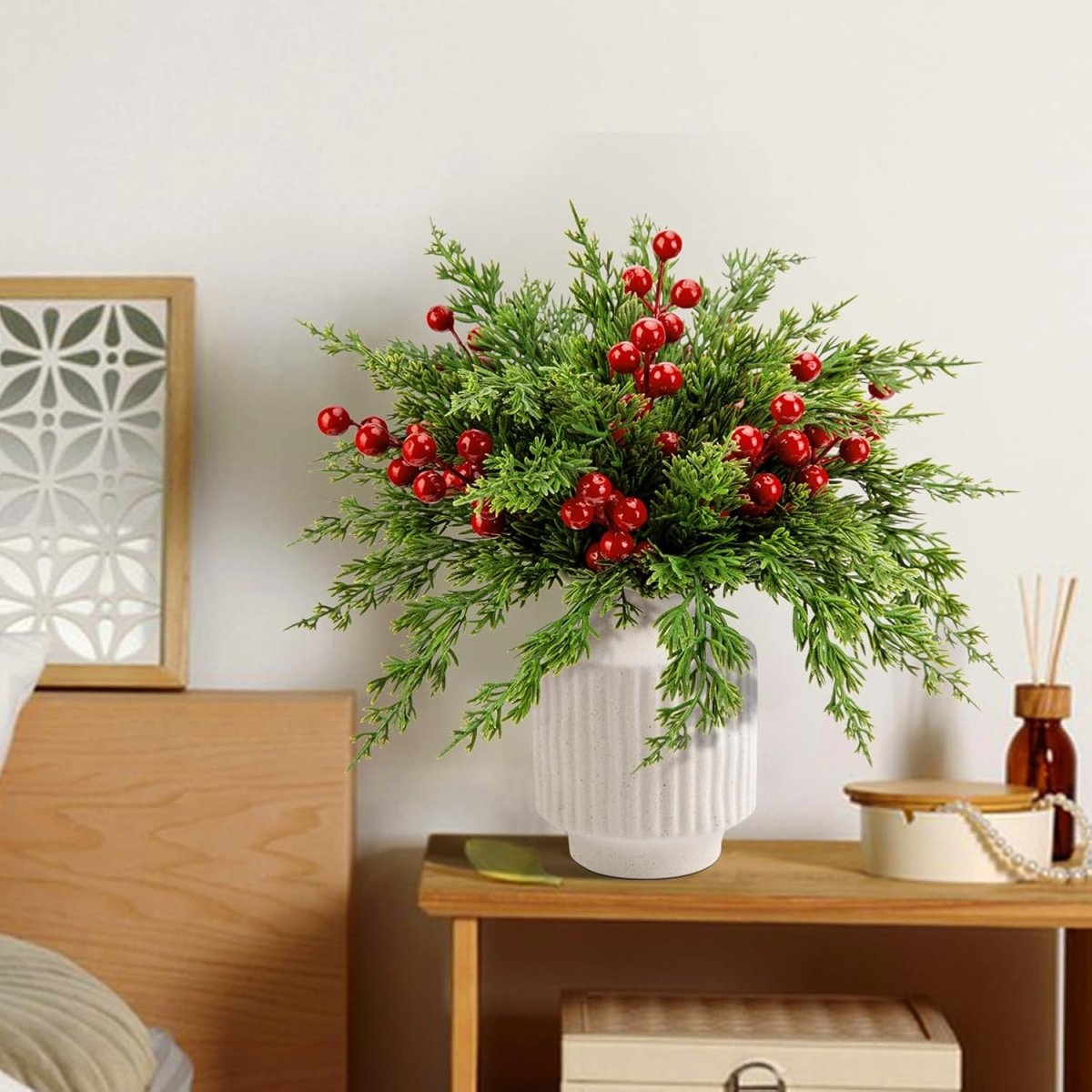 Watayo 60 Pcs Christmas Artificial Pine Branches with Red Berry Stems, 10.5&34; Faux Evergreen Norfolk Pine Cypress Leaves Stems, Fake Foliage Pine Needles Picks for DIY Craft Garland Home Decor - Homesidy.com