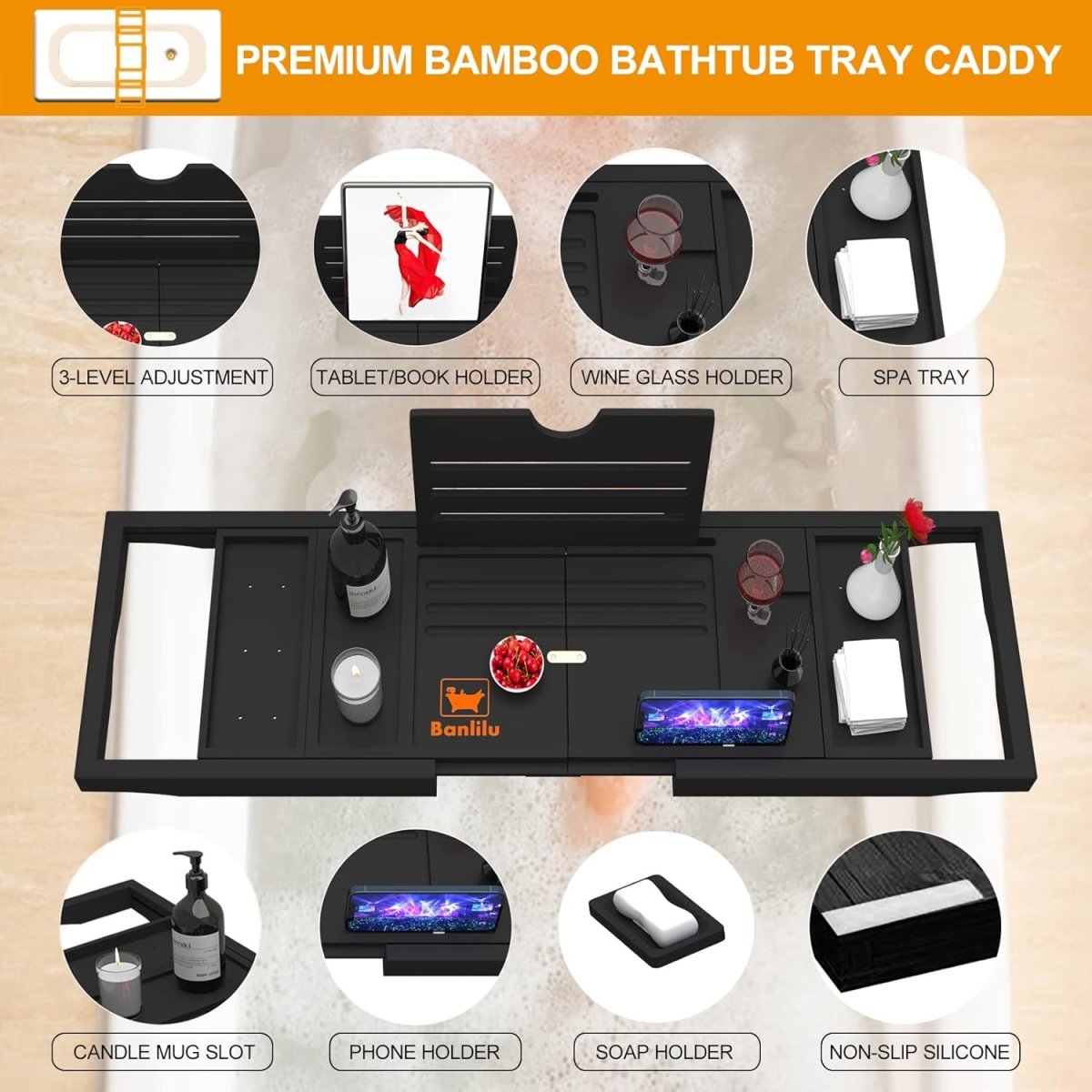 Premium Bamboo Bathtub Tray Caddy - Bath Tub Tray Table for Bathtub - Bath Caddy Tray for Bathtub, Expandable Size, Fits Most Bath Tubs - Homesidy.com