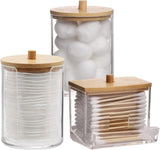 Tbestmax Qtips Holder Bathroom Container, 10 OZ Cotton Ball/Swabs Dispenser, Apothecary Jar Organizer for Storage Brown Wood Lids - Homesidy.com