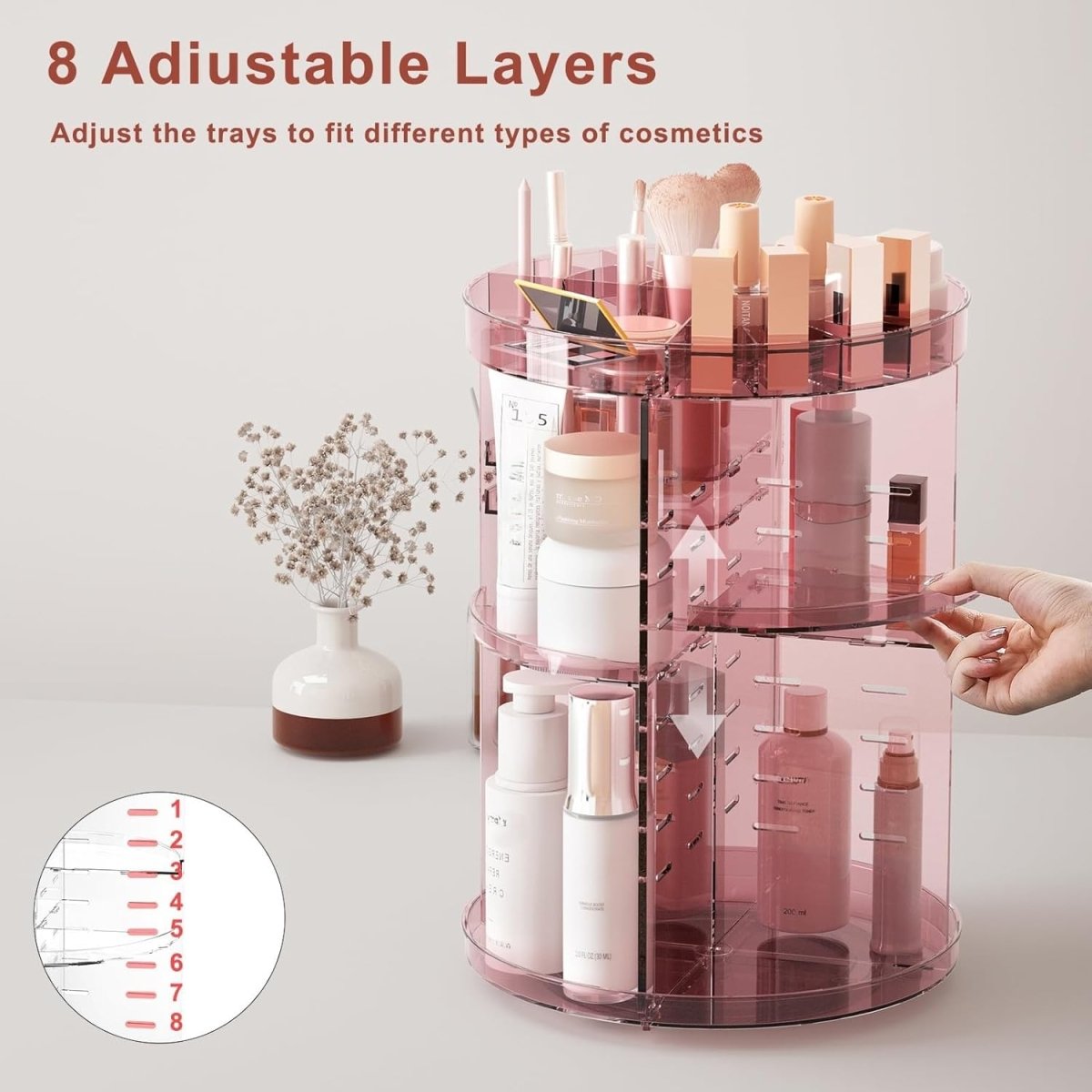 Rotating Makeup Organizer, DIY 8 Adjustable Layers Spinning Skincare Organizer, Cosmetic Display Case with Brush Holder Perfume Tray, Multi - Function Storage Carousel for Vanity Bathroom Countertop - Homesidy.com