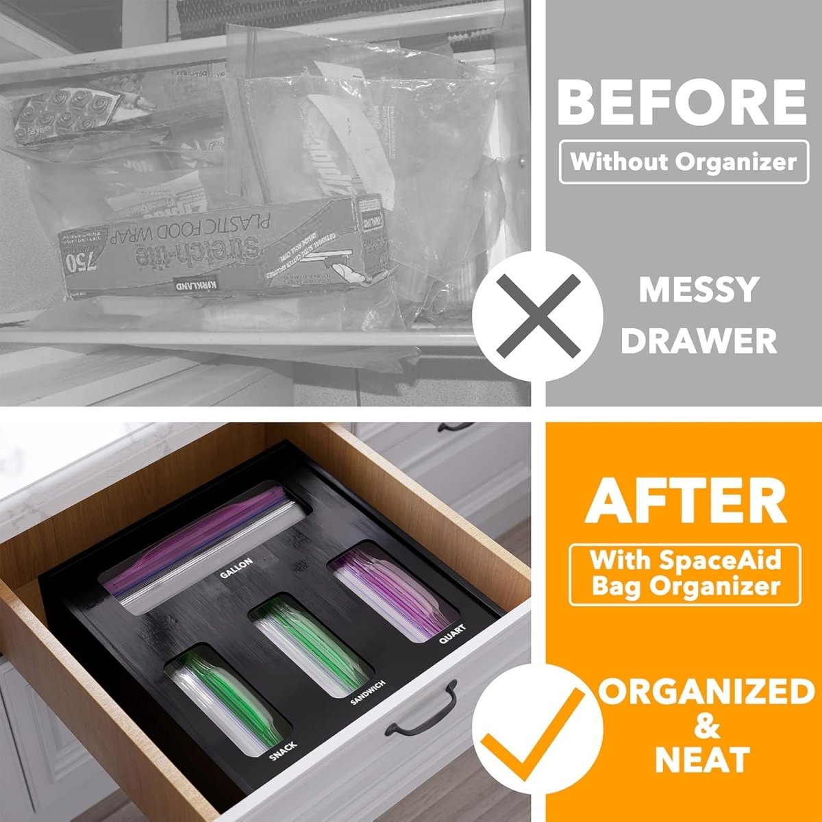 SpaceAid Bag Storage Organizer for Kitchen Drawer, Bamboo Organizer, Compatible with Gallon, Quart, Sandwich and Snack Variety Size Bag (1 Box 4 Slots) - Homesidy.com