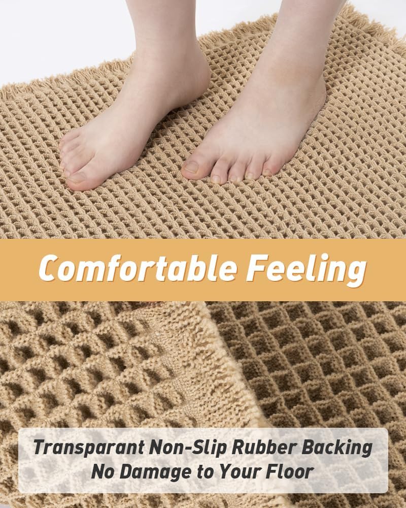 AMOAMI Upgraded Waffle Bath Mat, Super Absorbent Non Slip Bath Mats for Bathroom Floor, Machine Washable Bathroom Rugs with Tassels, Rubber Backed Bathroom Mats, Ultra Soft, 18&34; x 30&34;, Brown - Homesidy.com