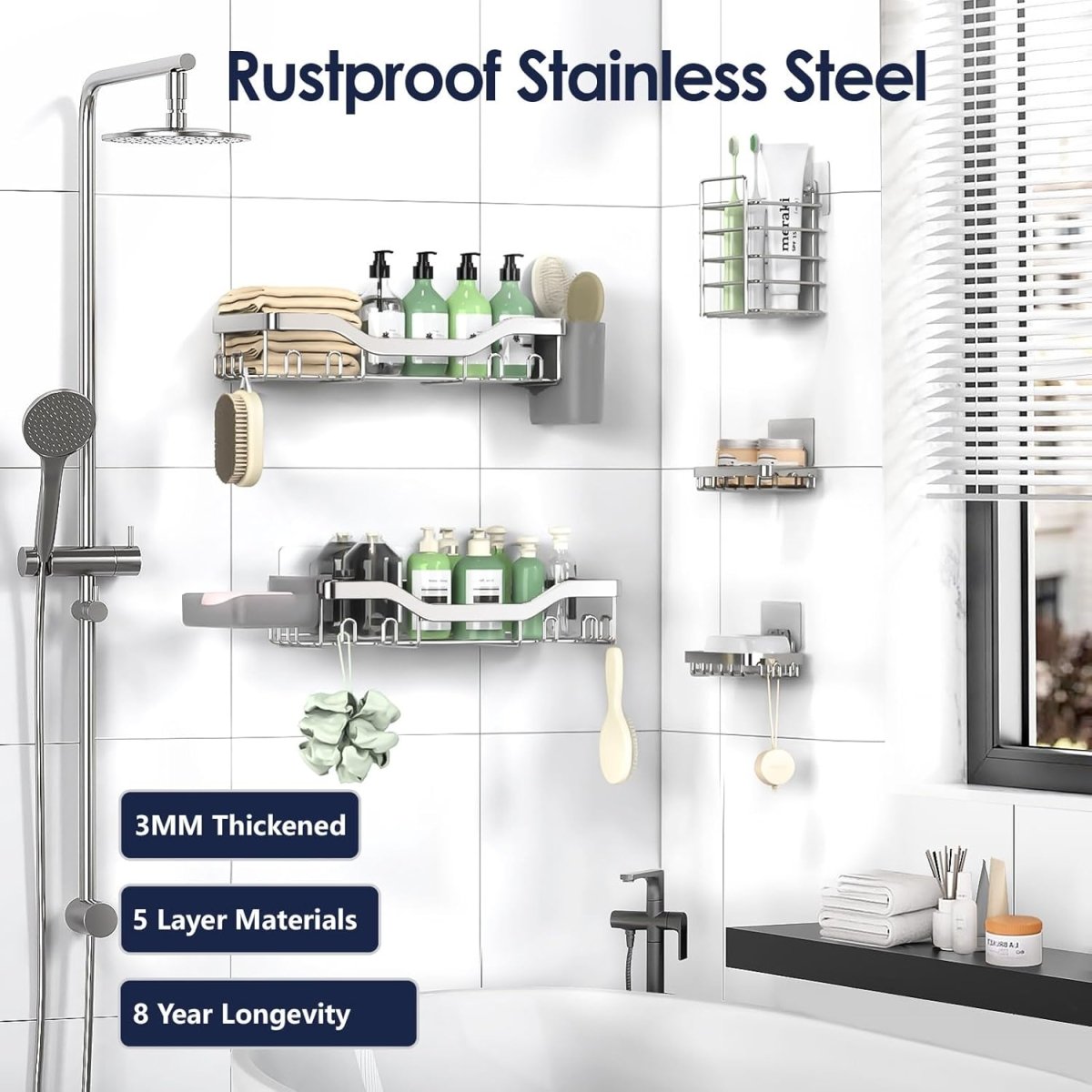 NESOMI Shower Caddy Adhesive Shower Organizer 7 - Pack, Rustproof Stainless Steel Bathroom Shelves, Large Capacity No - Drill Rack Storage Accessories with Soap Dish Toothbrush Holder &amp;24 Hooks Home Decor - Homesidy.com
