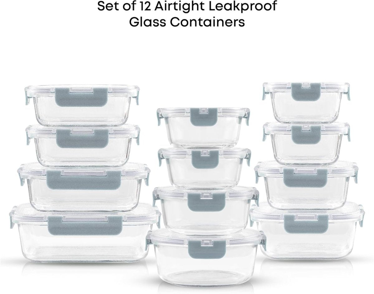 JoyJolt 24pc Borosilicate Glass Storage Containers with Lids | 12 Airtight/Freezer Safe Food Storage Containers for Pantry and Kitchen | Meal Prep Container for Lunch | Glass Tupperware Set - Homesidy.com