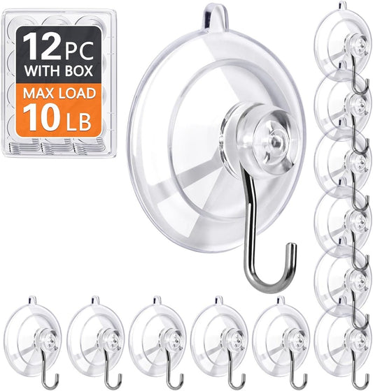 KORCCI Suction Cup Hooks 12Pack - Max Load 10LB, 1.77Inch Clear Medium Suction Cups, No Trace, Reusable &amp; Removable, Stainless Steel Hooks, for Tile, Glass, Window, Shower, Kitchen, Bathroom - Homesidy.com