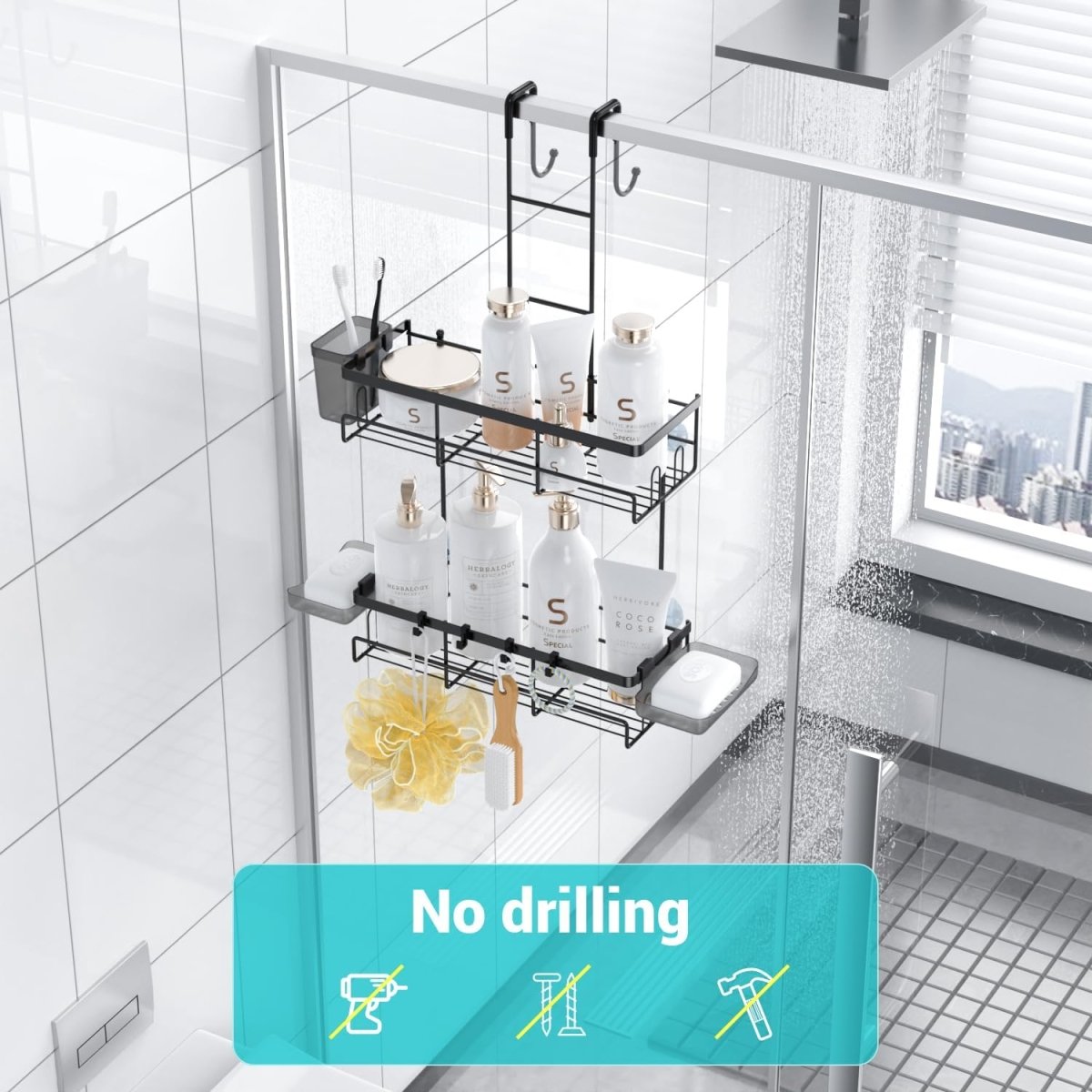 Aitatty Over the Door Shower Caddy Hanging: Black Rustproof Shower Organizer over the Door - No Drilling Bathroom Rack for Inside - Homesidy.com