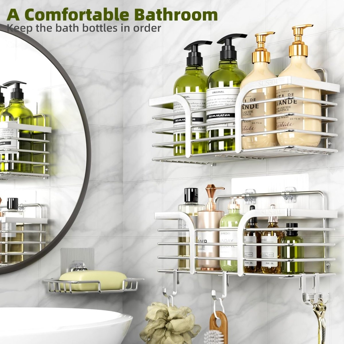 Shower Caddy, Adhesive Shower Organizer with Soap Dish and 4 Hooks, Rustproof Stainless Steel Shower Shelves, Wall Mounted No Drilling Storage Shelf Basket Accessories for Bathroom &amp; Kitchen - Homesidy.com