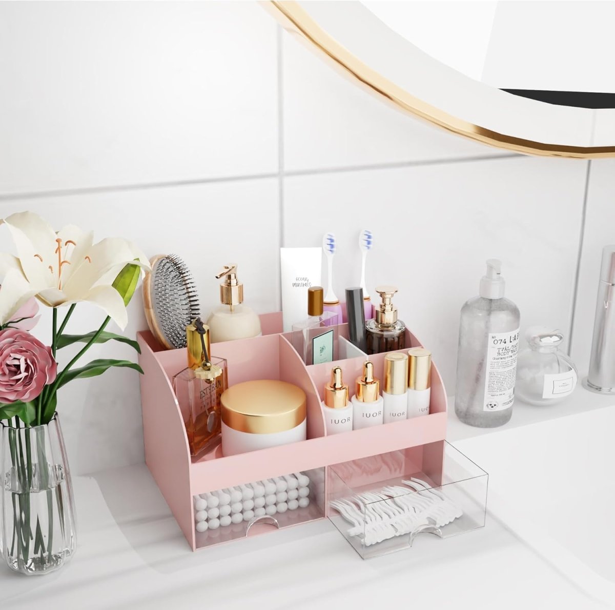 Makeup Organizer with Drawers, Cosmetic Storage for Dresser Vanity and Bathroom Countertop, Beauty Holder for Lipstick Brush, Skincare Organizer for Vanity, Cosmetic Display Case (White) - Homesidy.com