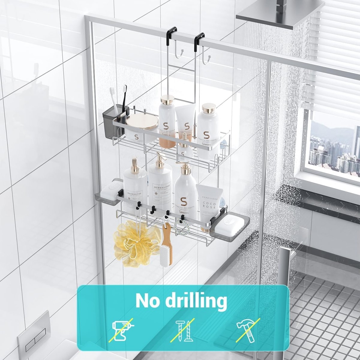 Aitatty Over the Door Shower Caddy Hanging: Black Rustproof Shower Organizer over the Door - No Drilling Bathroom Rack for Inside - Homesidy.com