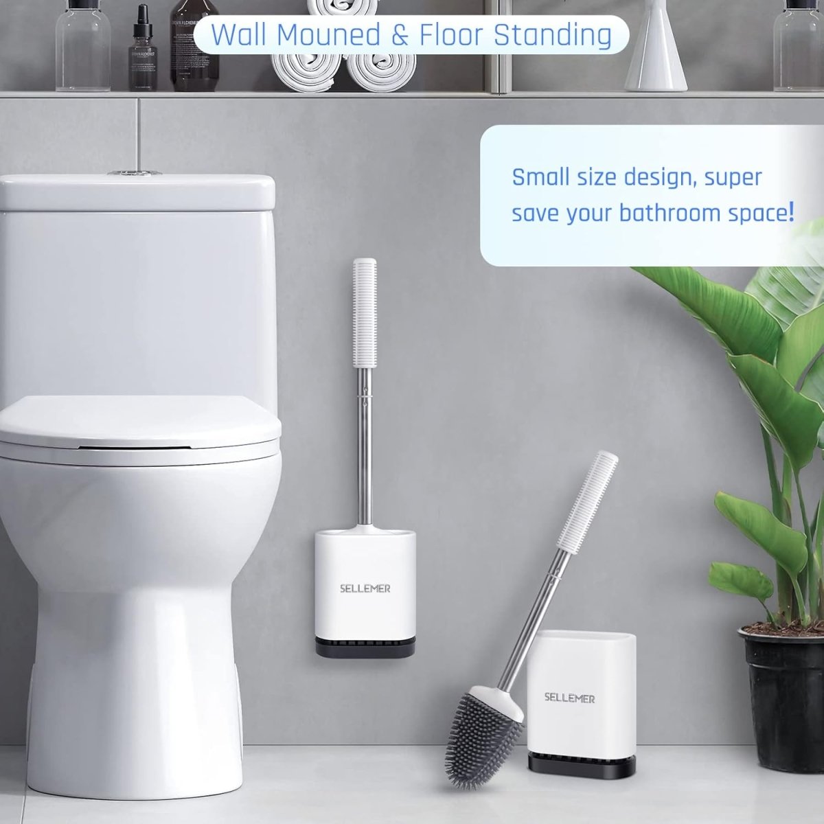 Sellemer Toilet Brush and Holder Set - Flexible Toilet Bowl Brush Head with Silicone Bristles, Compact Size for Storage and Organization, Ventilation Slots Base (1 Pack, Silver) - Homesidy.com
