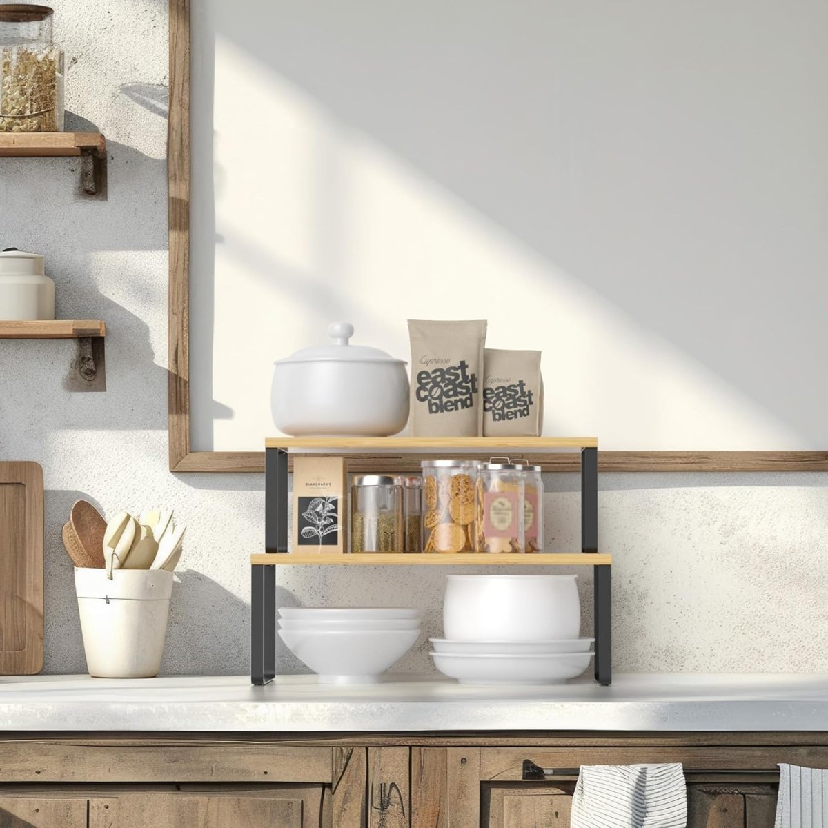 NEX Bamboo Kitchen Cabinet and Counter Shelf Organizer, Stackable &amp; Expandable, Set of 4, White and Natural - Homesidy.com
