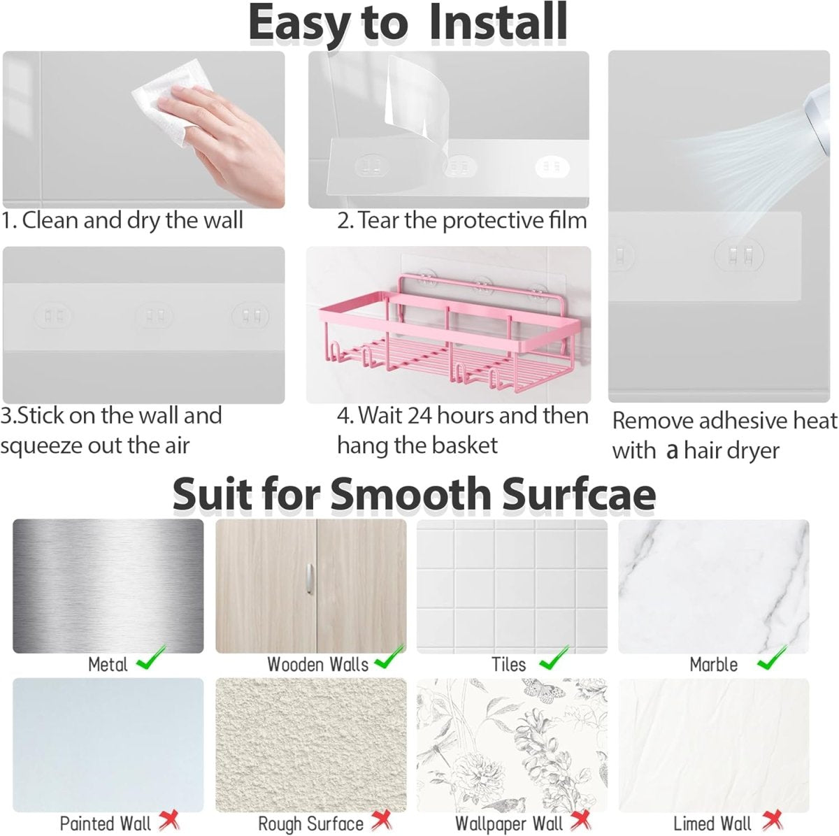 Liuoud 5 Pack Shower Caddy Organizer Rack Shelf for Inside Shower, Adhesive Bathroom Wall Storage Basket Rustproof Stainless Steel Shampoo Holder, Girly Bathroom Accessory Decor Set, Pink - Homesidy.com