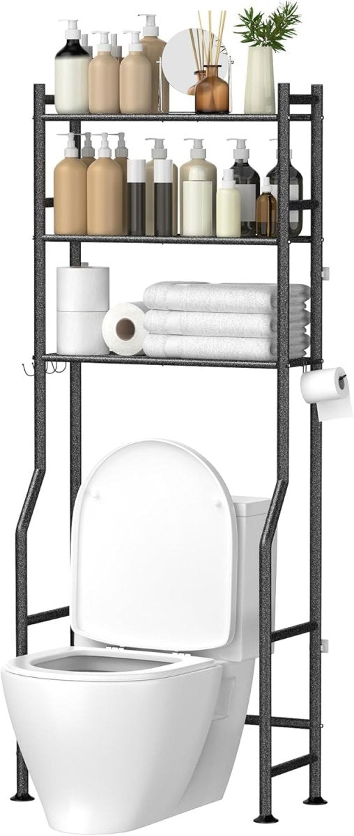 GloTika 3 - Tier Over The Toilet Storage, Space Saver Metal Bathroom Shelves, Freestanding Above Over Toilet Storage Shelf with 4 Hooks for Bathroom, Black - Homesidy.com
