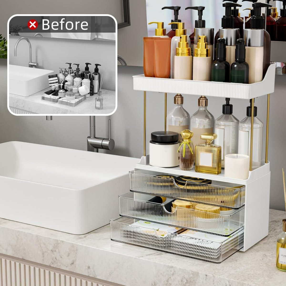 StorBin 3 Drawers Makeup Organizer - 5 Tier Bathroom Counter Organizers and Storage, Versatile Perfume Vanity Organizer, Ideal for Cosmetic, Large Skincare, Face Mask, Office Supplies, Amber - Homesidy.com