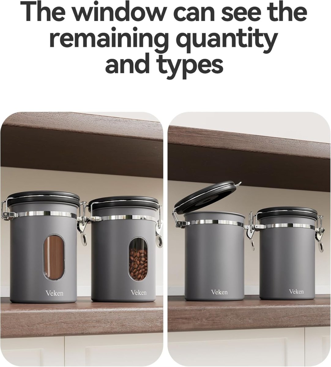 Veken Coffee Canister with Window,Airtight Stainless Steel Pantry Container,Home Kitchen Food Storage Organizers for Ground,Beans,Espresso,Rice,Tea,Sugar,Cereal, Flour,Bar Accessories,Gifts,22OZ,Black - Homesidy.com