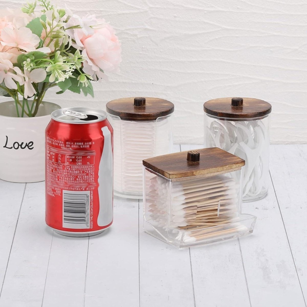 Tbestmax Qtips Holder Bathroom Container, 10 OZ Cotton Ball/Swabs Dispenser, Apothecary Jar Organizer for Storage Brown Wood Lids - Homesidy.com
