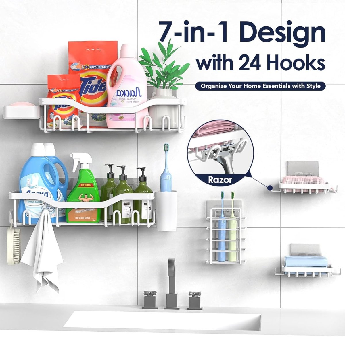 NESOMI Shower Caddy Adhesive Shower Organizer 7 - Pack, Rustproof Stainless Steel Bathroom Shelves, Large Capacity No - Drill Rack Storage Accessories with Soap Dish Toothbrush Holder &amp;24 Hooks Home Decor - Homesidy.com