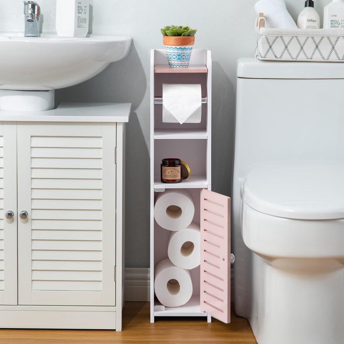 AOJEZOR Toilet Paper Holder Stand: No Drill PVC Small Bathroom Cabinet for Apartment Dwellers - Rental Deposit Protection - Small Space Storage Saving - Homesidy.com