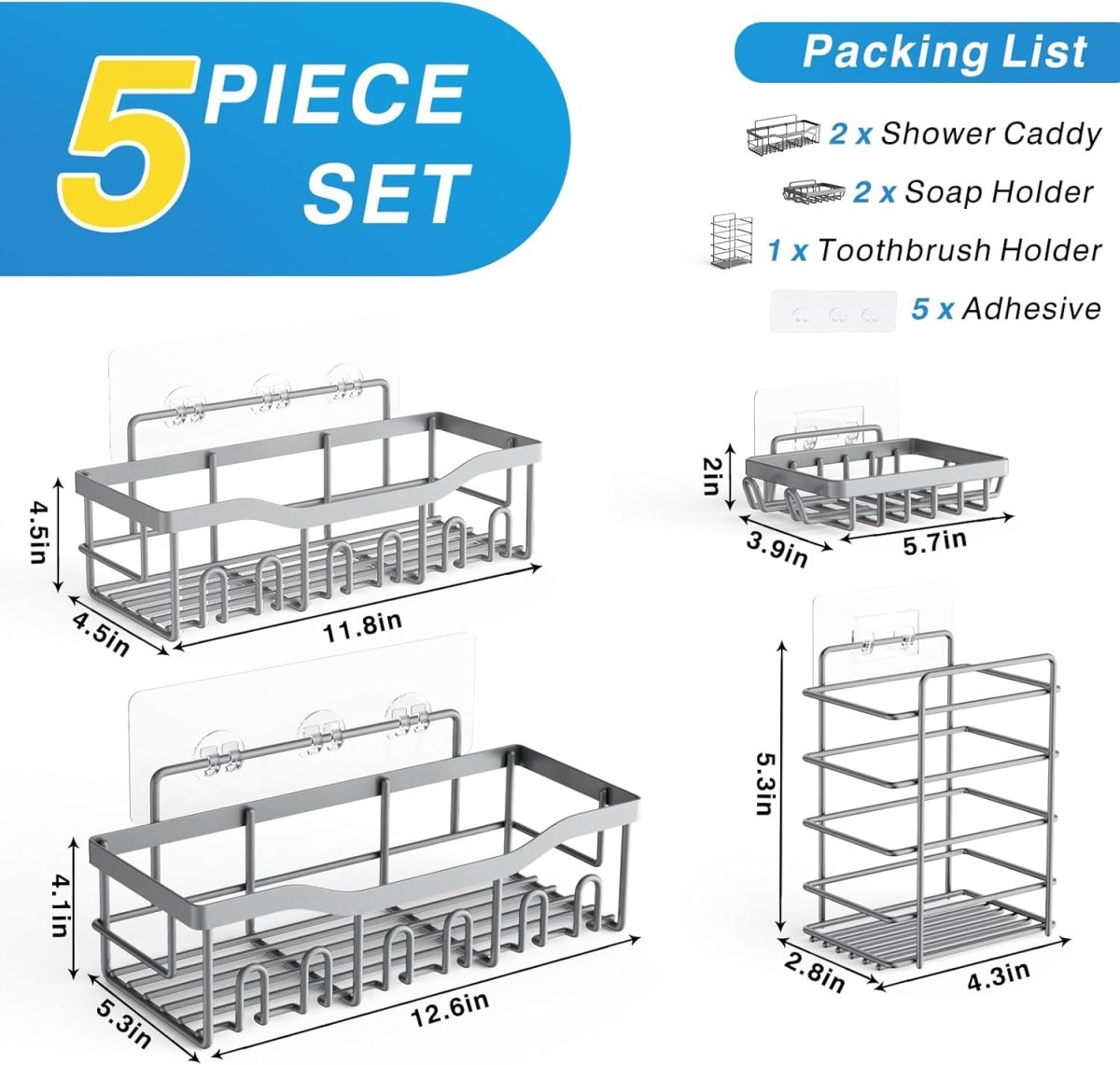 EUDELE Adhesive Shower Caddy, 5 Pack Rustproof Stainless Steel Bath Organizers With Large Capacity, No Drilling Shelves for Bathroom Storage &amp; Home Decor - Homesidy.com