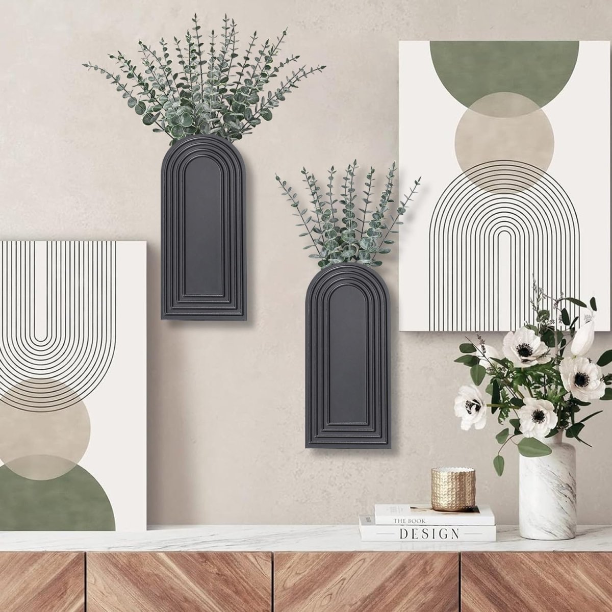 Dnnnii 2 Pack Wooden Wall Vase Set - Brown Finish Modern Farmhouse &amp; Boho Wall Decor for Entryway, Hallway, Bathroom, Living Room, Dining Room, Narrow Spaces - Homesidy.com