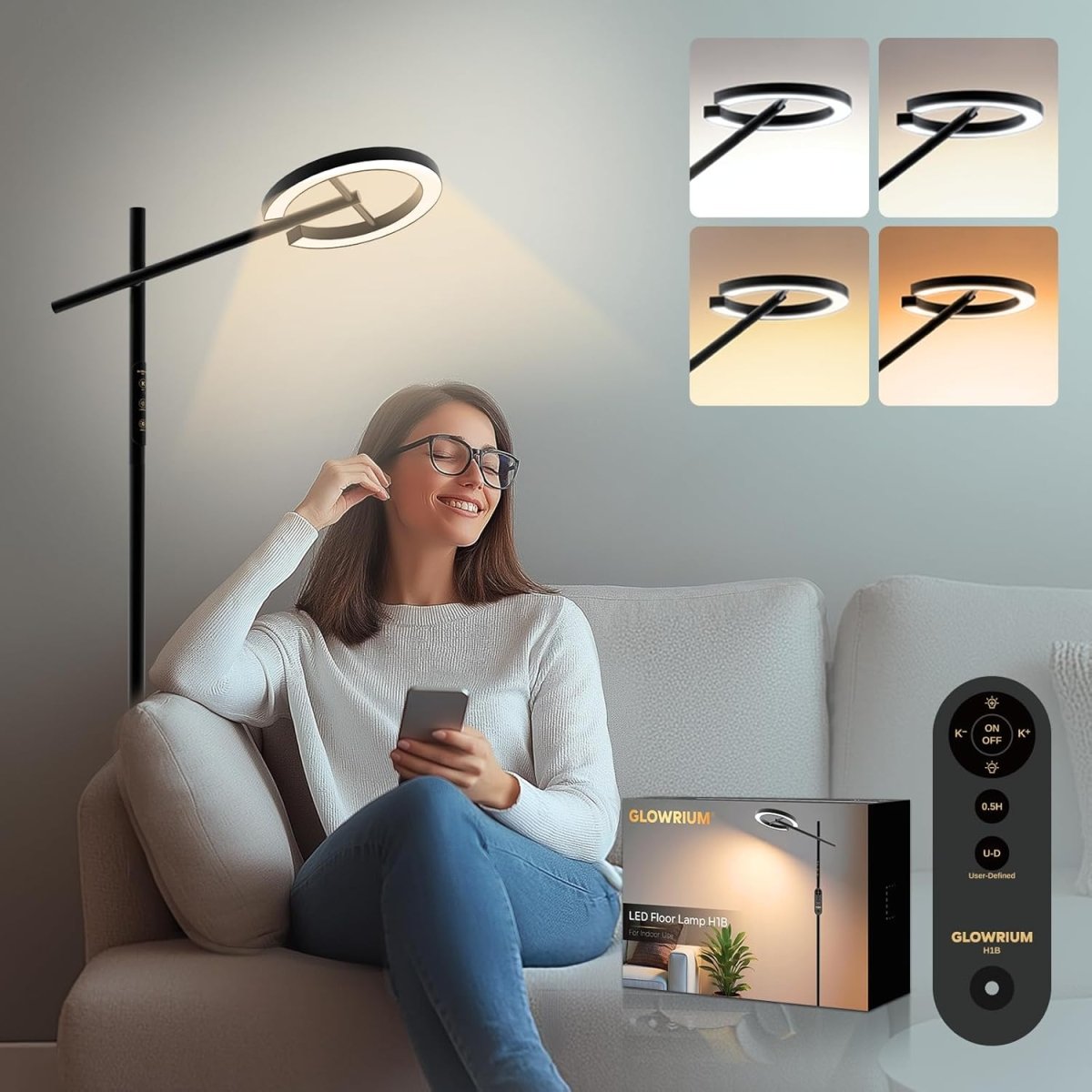 GLOWRIUM Smart Light Therapy Lamp, 10000 Lux UV - Free Sun Lamp, 2700 - 6500K Floor Lamp Therapy Light, Stepless Dimmable Energy Sunlight with App &amp; Remote, Timer, Cozy Light Settings for Winding Down - Homesidy.com