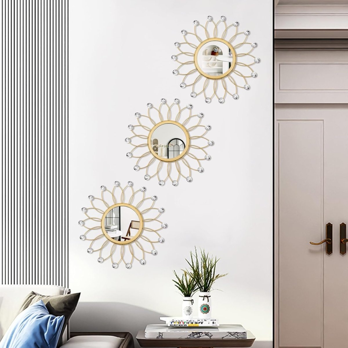 3 Pack Metal Mirrors for Wall Sunburst Wall Mirrors Home Décor Decorative Hanging Wall Art for Living Room Bedroom Entryway (Gold, Flower Sunburst) - Homesidy.com