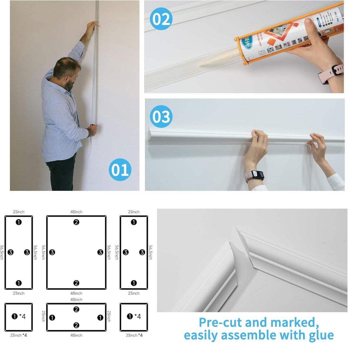 Art3d Pre - Cut Wall Molding Set of 6 pcs, Ready - to - Assemble Wainscoting Panels for Interior Wall Décor Living Room Bedroom Accent Wall - Installed with Glue, 3 Top 3 Bottom - Homesidy.com