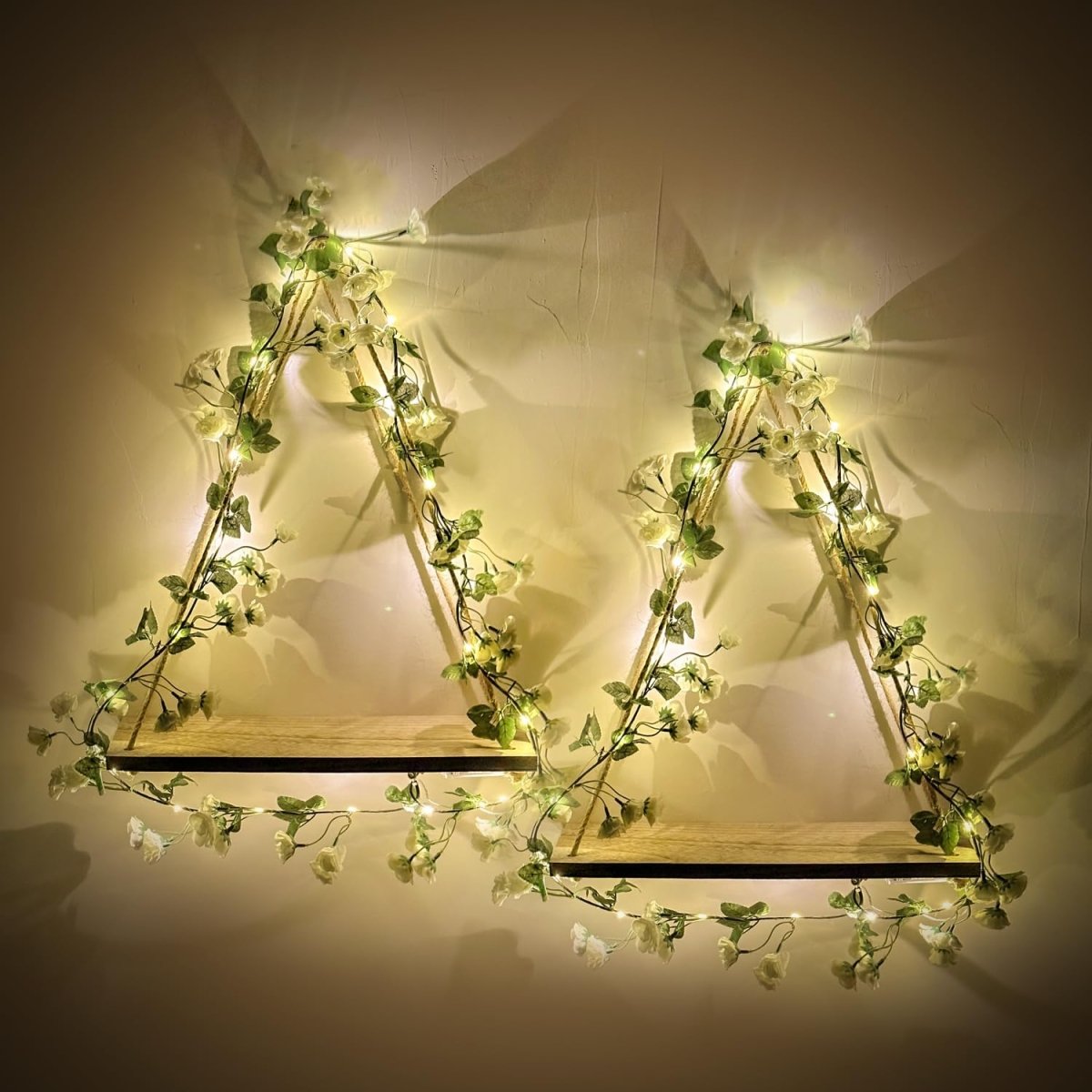 RICHER HOUSE Artificial Ivy LED - Strip Wall Hanging Shelves Set of 2, Macrame Shelf for Bedroom Living Room Kitchen, Wood Hanging Plant Shelves for Wall Décor, Thanksgiving &amp; Christmas Decorations - Homesidy.com