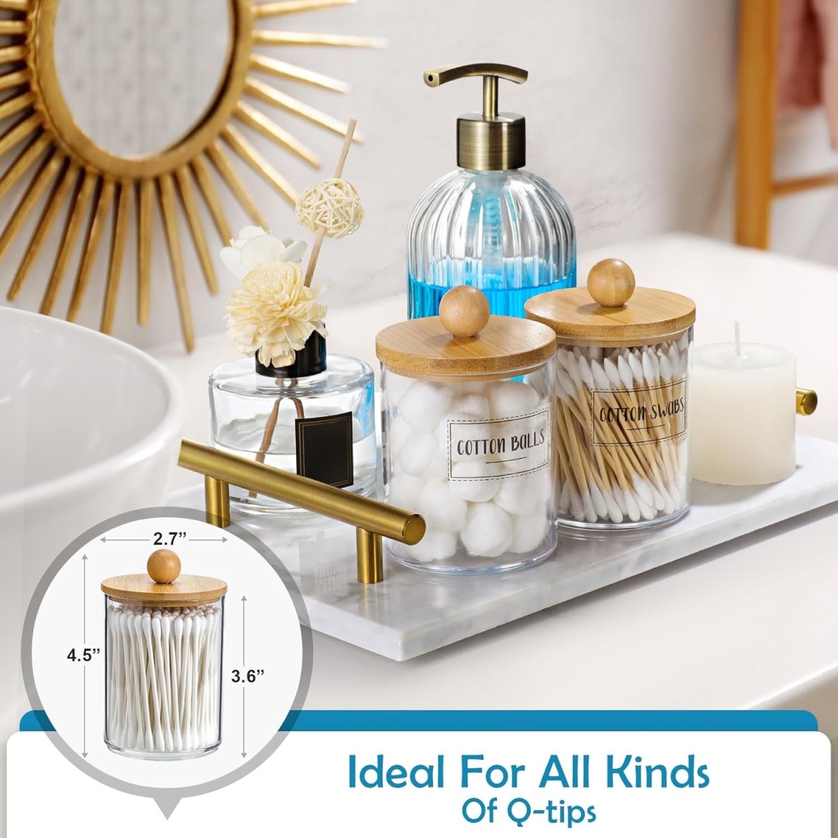 4 Pack Qtip Holder Dispenser with Bamboo Lids - 10 oz Clear Plastic Apothecary Jar Containers for Vanity Makeup Organizer Storage - Bathroom Accessories Set for Cotton Swab, Ball, Pads, Floss - Homesidy.com