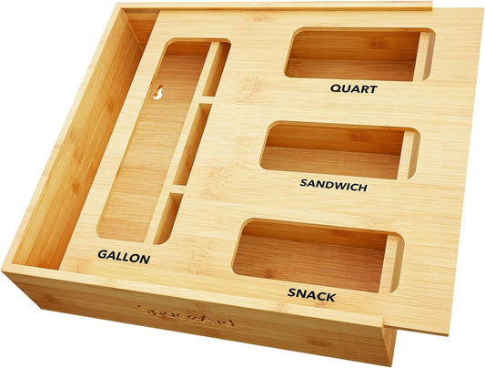 SpaceAid Bag Storage Organizer for Kitchen Drawer, Bamboo Organizer, Compatible with Gallon, Quart, Sandwich and Snack Variety Size Bag (1 Box 4 Slots) - Homesidy.com