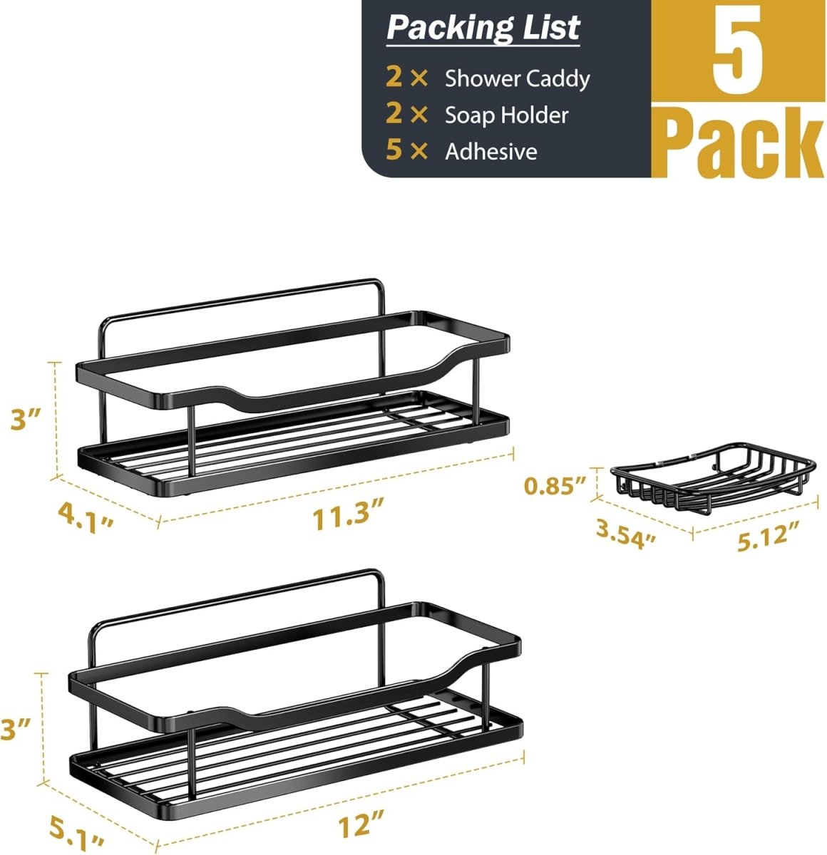 OMAIRA 3 - Pack Shower Caddy with Soap Holder, Adhesive Rustproof No - drill Strudy Loading Inside Shower Organizer Shelves Rack Storage Bathroom Organization for Smooth Wall Glass Tile, Black (Large) - Homesidy.com