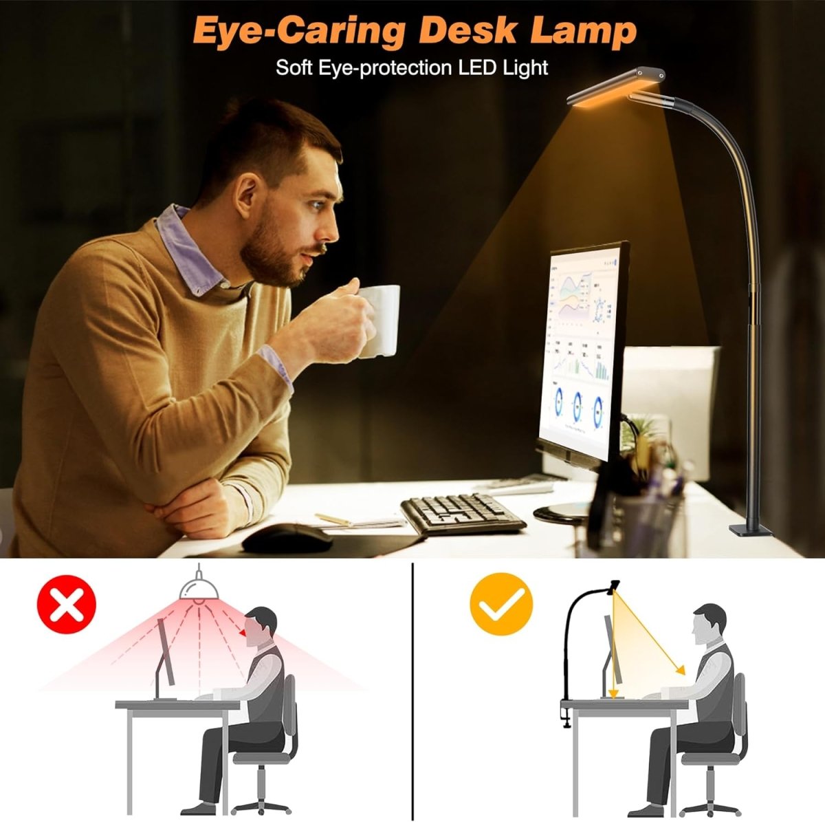 Airlonv LED Desk Lamp for Office Home, Eye - Caring Desk Light with Stepless Dimming Adjustable Flexible Gooseneck, 10W USB Adapter Desk Lamp with Clamp for Reading, Study, Workbench (Black) - Homesidy.com