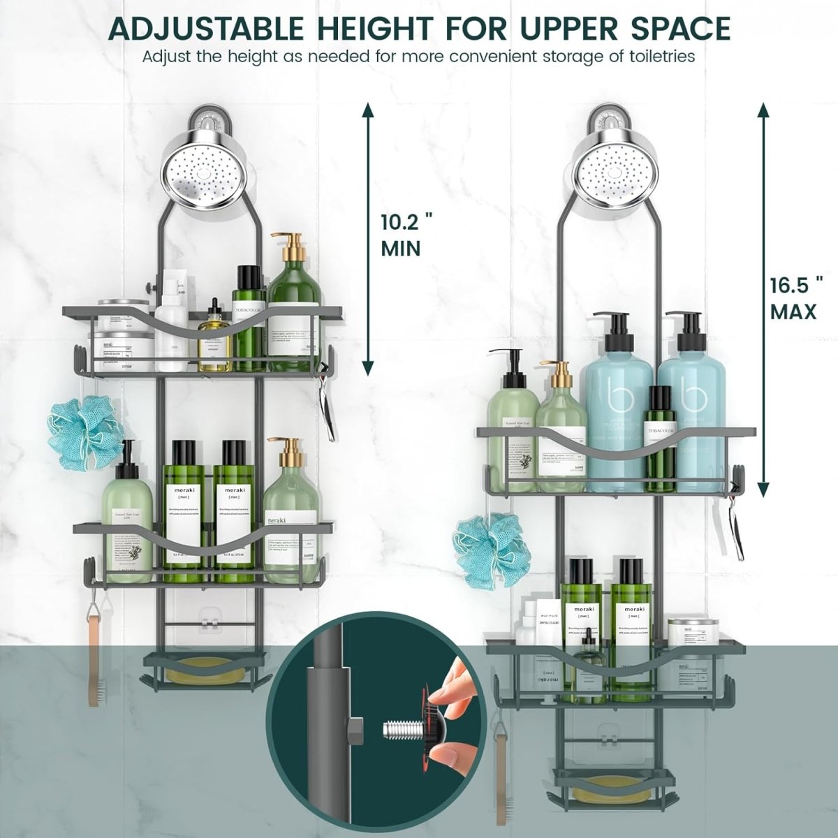 Shower Caddy Hanging Adjustable Shower Caddy, Rustproof Shower Organizer Extended Length Shower Caddy Over Shower Head with Hooks Soap Holder, Large Capacity Anti - Swing Bathroom Organizer, Black - Homesidy.com