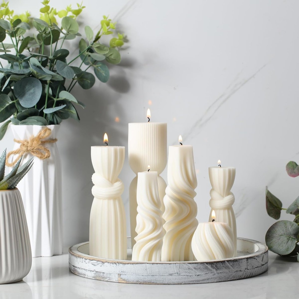 Threlaco 6 Pcs Pillar Candles Modern Aesthetic Ribbed Decorative Candle Set Cute Soy Wax Scented Ribbed Decor for Home(White,2.36 - 6.89 Inch) - Homesidy.com