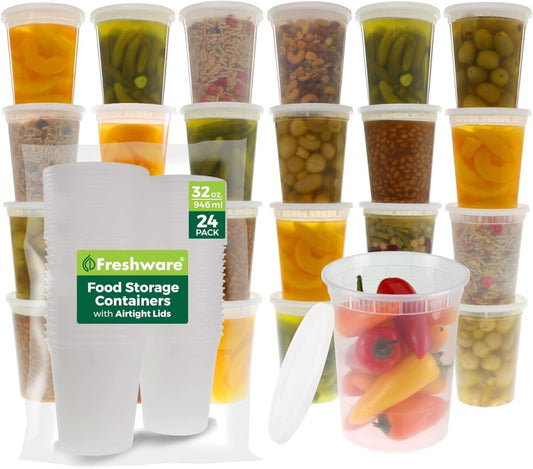 Freshware Food Storage Containers [24 Set] 32 oz Plastic Deli Containers with Lids, Slime, Soup, Meal Prep Containers | BPA Free | Stackable | Leakproof | Microwave/Dishwasher/Freezer Safe - Homesidy.com