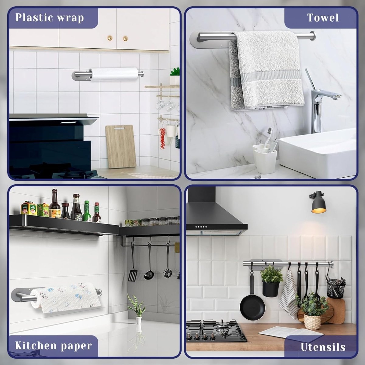 Paper Towel Holder, Self Adhesive or Drilling Paper Towel Holder Under Cabinet, Stainless Steel Black Paper Towel Holders Wall Mount for Kitchen, Bathroom, Sink, Pantry, Fridge - Homesidy.com