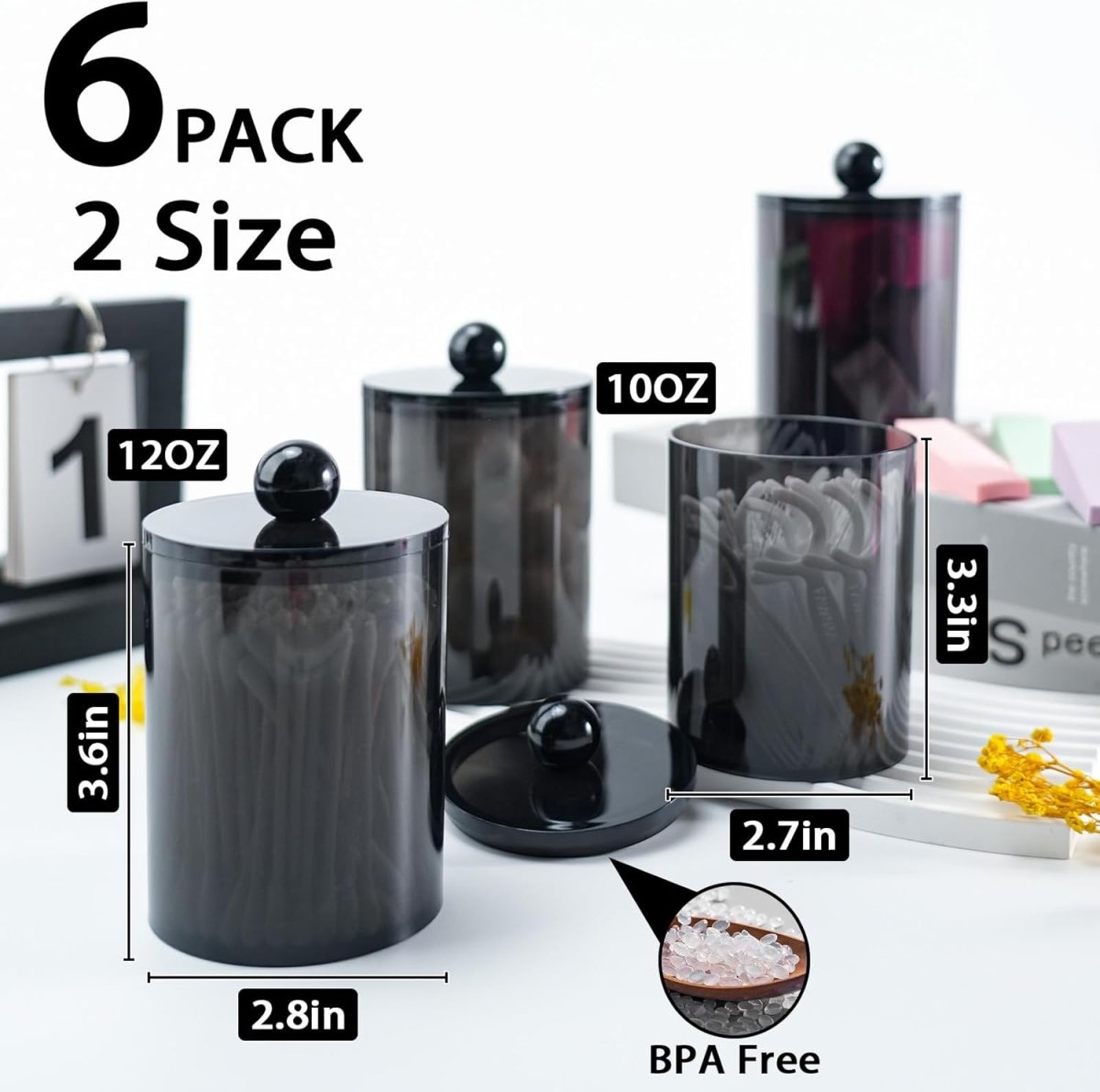 XIPENGKEJI 2 Pack Qtip Holder,Canister Apothecary Jar Set, Bathroom Jars with Lids Set for Cotton Swabs, Balls, Pads, Floss Picks,10oz - 12oz Plastic Canisters Restroom Bedroom Vanity Organizer(Black) - Homesidy.com