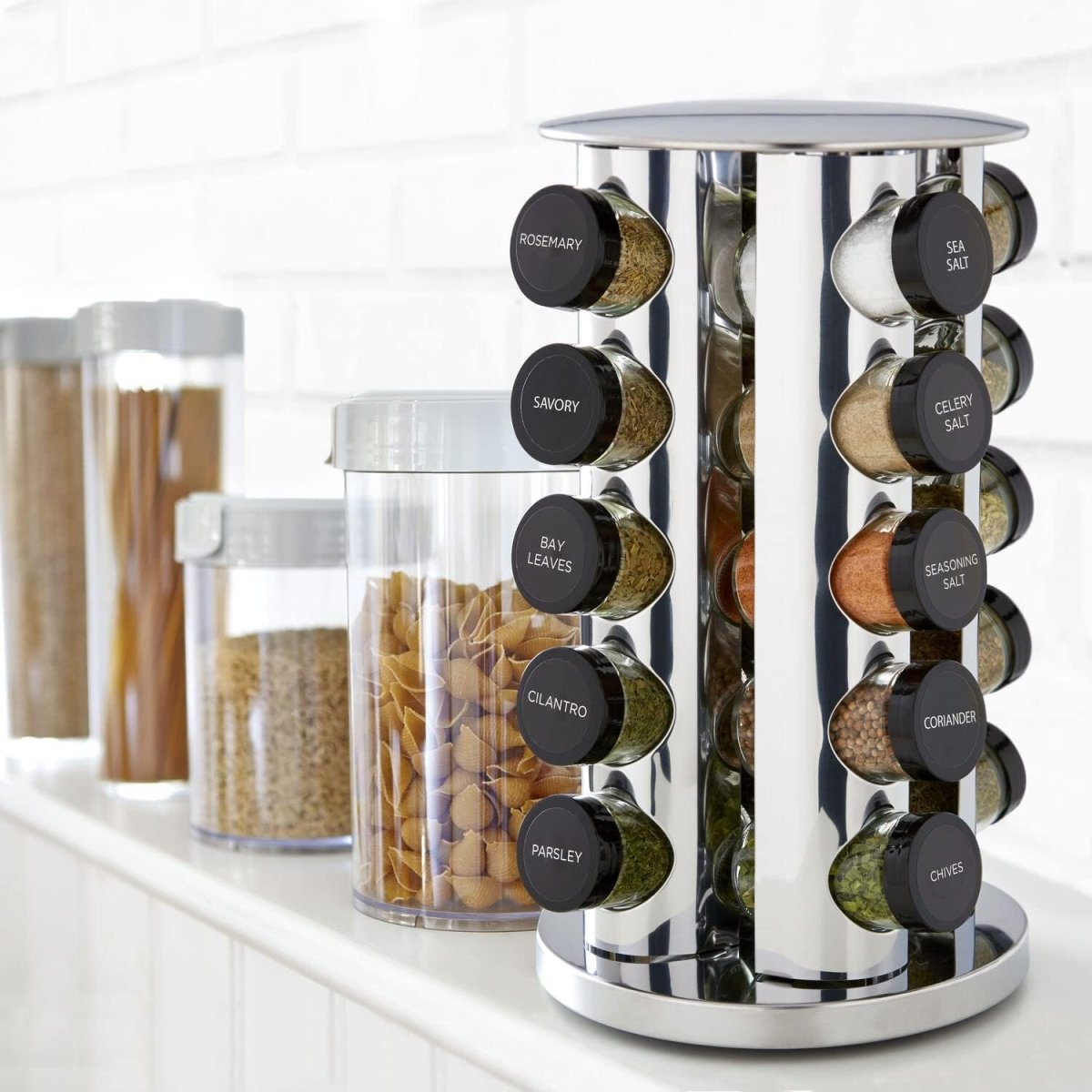 Kamenstein 20 Jar Revolving Countertop Spice Rack with Spices Included, FREE Spice Refills for 5 Years, Polished Stainless Steel with Black Caps, 30020 - Homesidy.com
